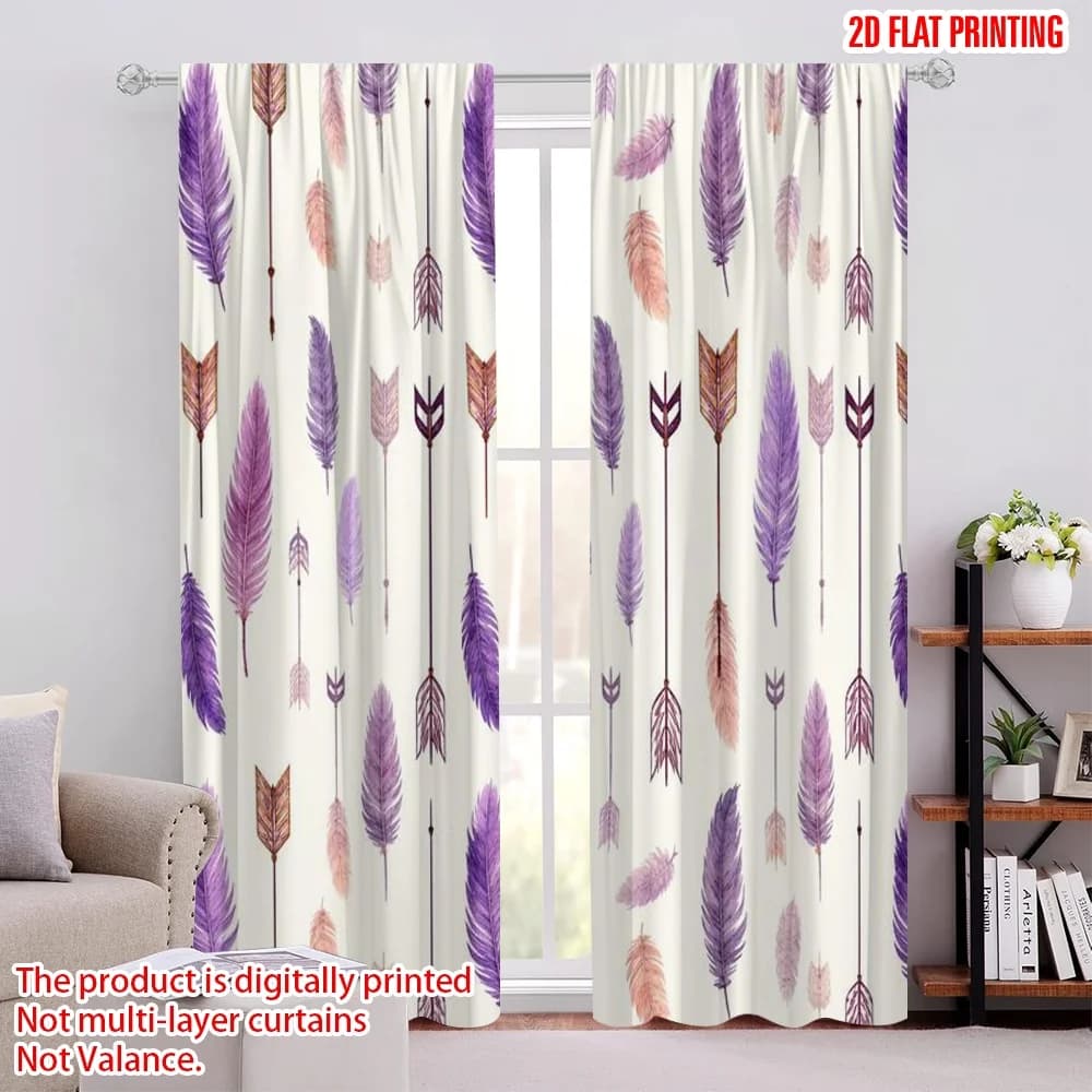 Tende per finestre con stampa piatta 2D, 2 pezzi, con piume viola e frecce, drappeggi in poliestere con stampa digitale, per tutte le stagioni, per feste