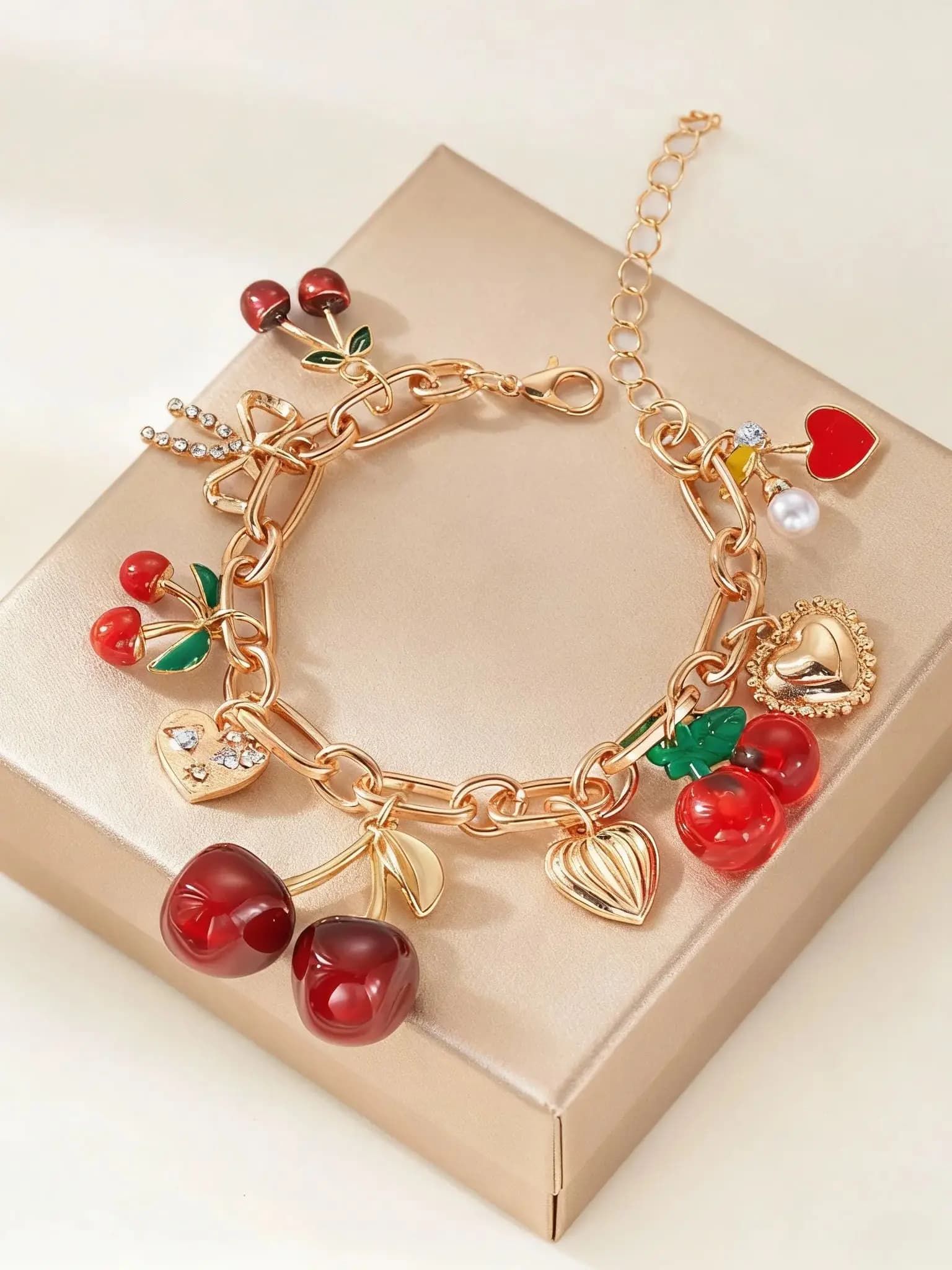 Dolce e carino braccialetto rosso fragola ciliegia per donna ragazza fatta a mano imitazione perla cuore ciondolo braccialetto amicizia gioielli regalo