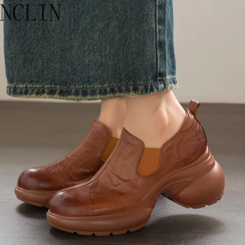 Women's casual round-toe slip-on platform high-heeled shoes with luxurious design and genuine leather material
