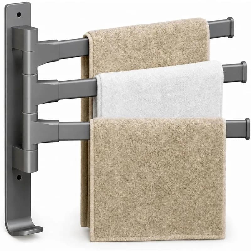 3 Arms Swivel Towel Rack Thicken Towel Holder, with Hook Towel Bar Wall Mount Swivel Towel Racks for Bathroom Kitchen-Gray