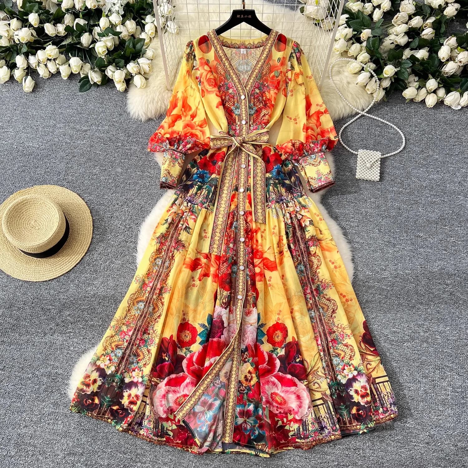 Bohemian Floral Chiffon Summer Dresses for Women 2025 Runway V-Neck Long Lantern Sleeve Sashes Beach Holiday Vestidos Boho Robe