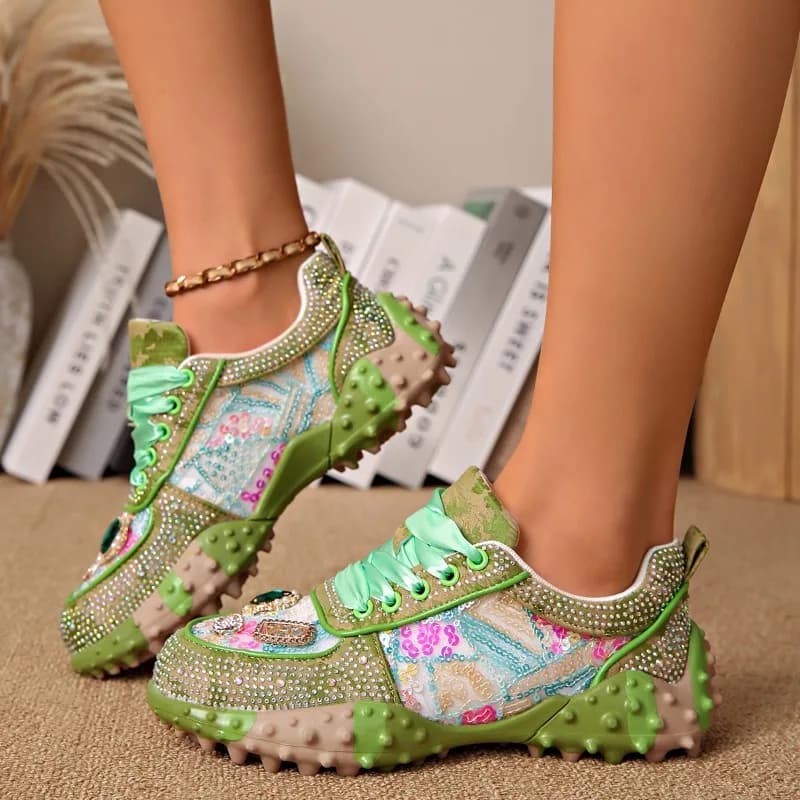 Scarpe da Donna 2026 Nuova Moda Versatile con Strass, Punta Rotonda, Allacciatura Antiscivolo