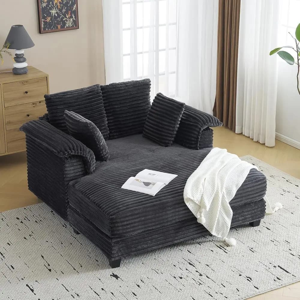 Oversized 56 Grey Corduroy Chaise Lounge Chair with Recliner, Sleeper Couch Bed, Pillows & Armrests for Living, Movie, or Bedroo