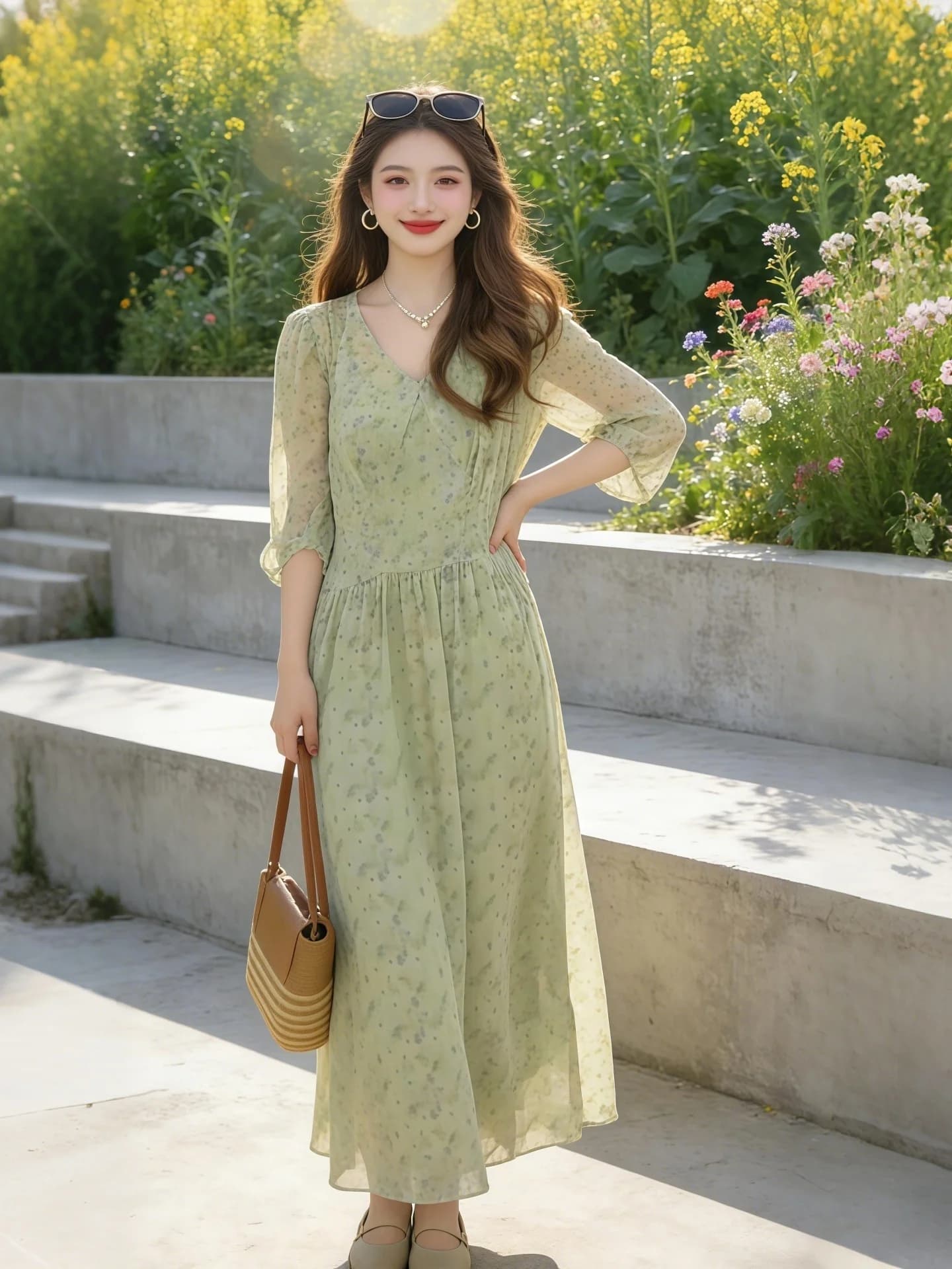 Abito Midi a Trapezio con Stampa Floreale da Donna, Stile Coreano Primavera Autunno, Effetto Snellente e Coprente, Tessuto Morbido, Casual, Scollo a V, Manica Lunga