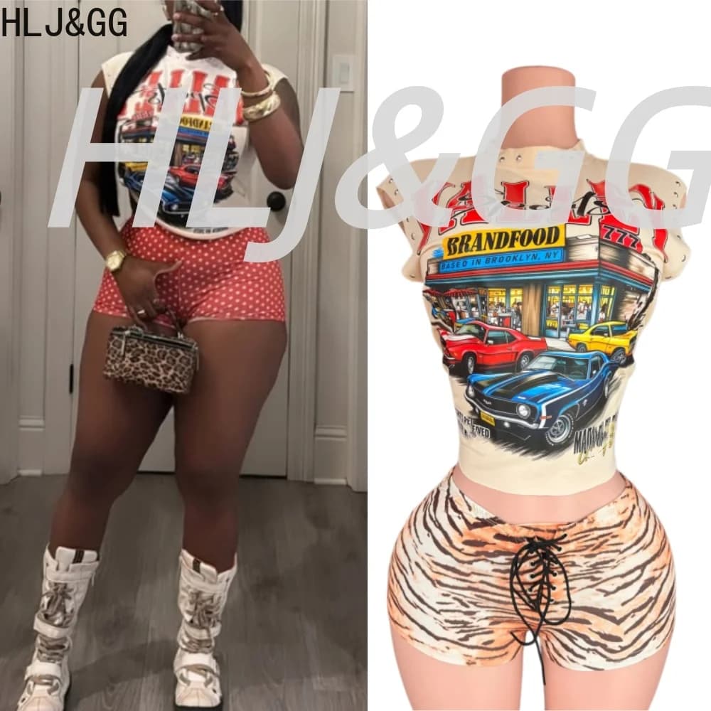HLJ&GG Trend Y2K Tiger Bandage Shorts Two Piece Sets Women Letter Rive Sleeveless Top And Shorts Outfits Fashion 2pcs Streetwear