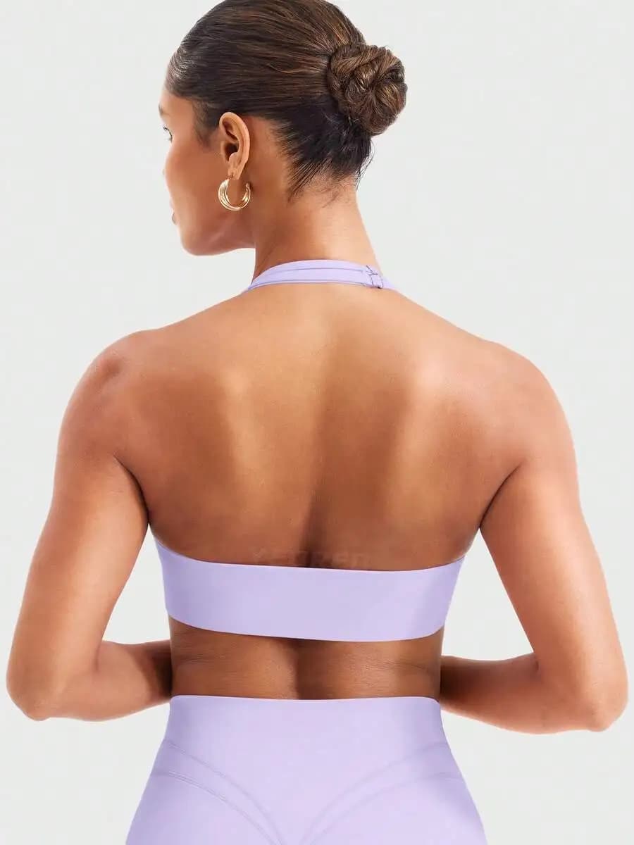 Women Halter Sports Bra Light Support V Neck Padded Strappy Open Back Workout Gym Top