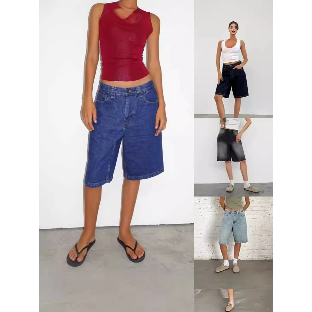 Loose Non-Elastic Retro Denim Mid-Length Pants Women's Seven-Foot Jeans Straight Leg Commute Style Natural Waist Denim Fabric