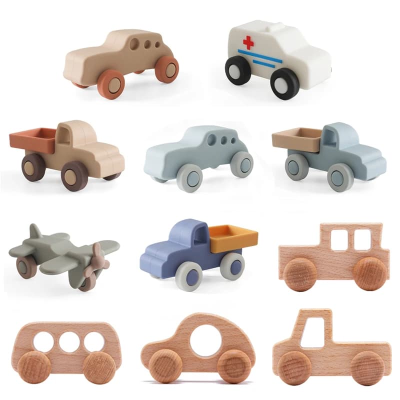 Giocattoli per neonati senza BPA in silicone a forma di auto e ambulanza, giocattoli in legno a forma di autobus, massaggiagengive educativi Montessori per bambini, giocattoli per la dentizione dei neonati