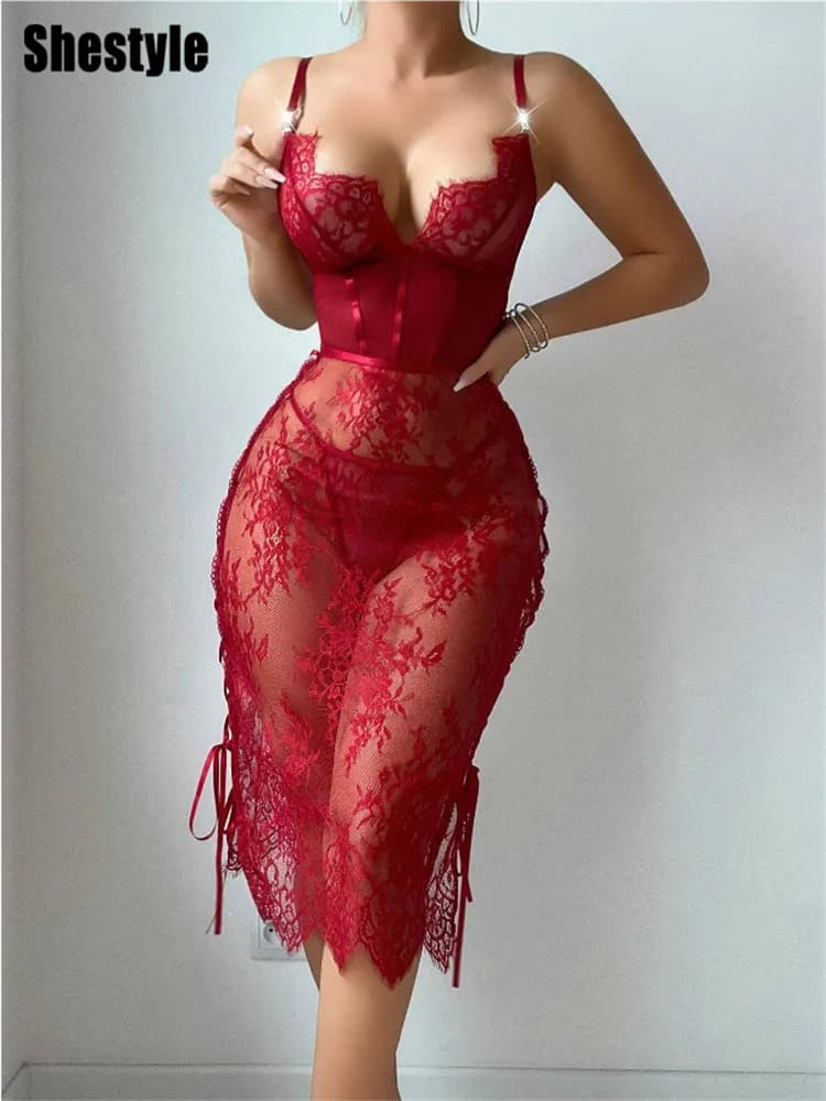 Shestyle Lingerie trasparente in pizzo scava fuori scollo a V senza schienale avvolgimento sul petto fasciatura con taglio ondulato abito da donna cinturino per spaghetti rosso