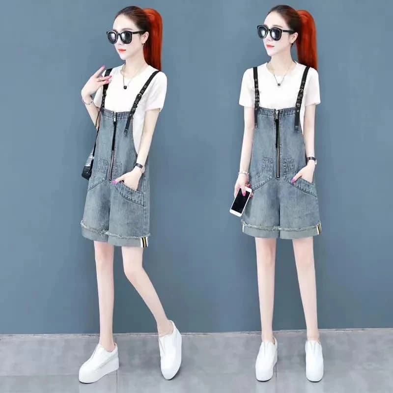 Denim Rompers Women Summer Baggy Solid Suspender Jeans Student Jeans Jumpsuit Korean Style Casual Denim Shorts Strap Pants