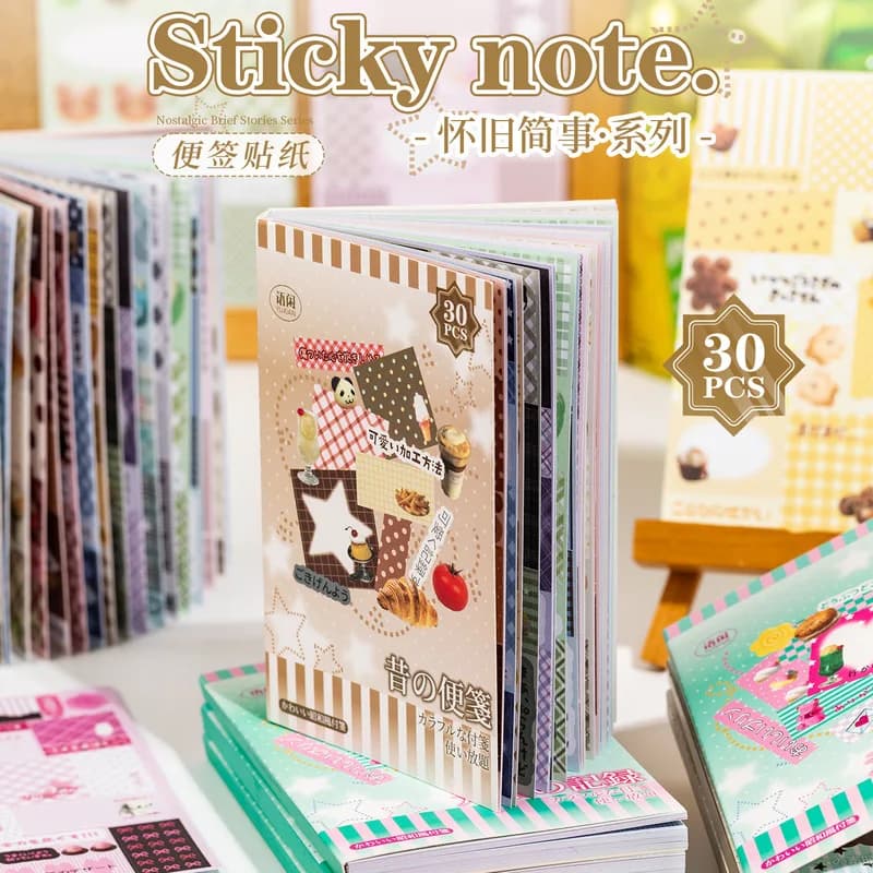 30Pcs Writable Paper Sticky Note Stickers, Nostalgic Brief Stories Vintage Memo Decals for Junk Journal Planner DIY