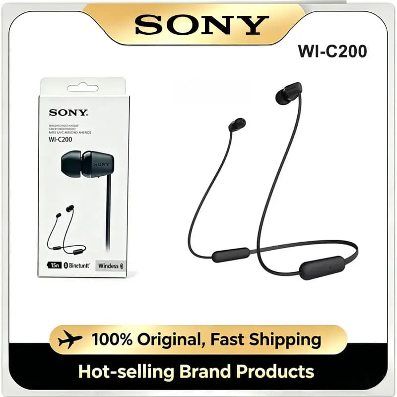 Cuffie Bluetooth Originali Sony WI-C200 con Archetto da Collo, 15 Ore di Autonomia, Auricolari Stereo con Bassi per Sport