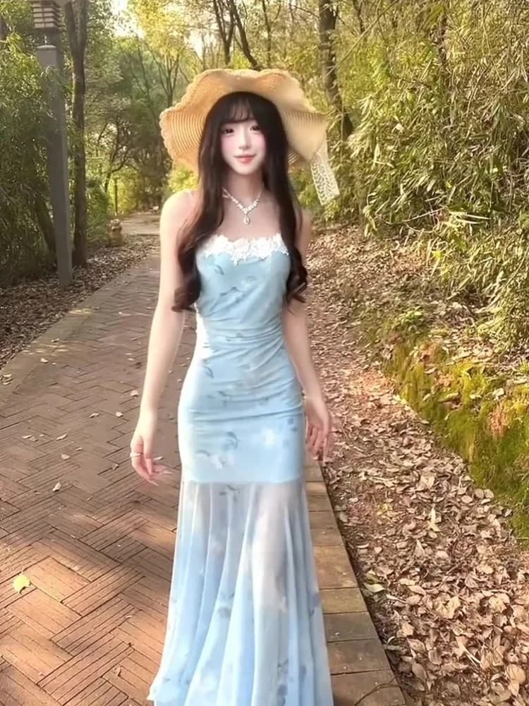 Blue Floral Print Halter Dress Women's Summer Beach Vacation Slim Fit Fish Tail Wrap around Long Skirt Casual Travel Dress