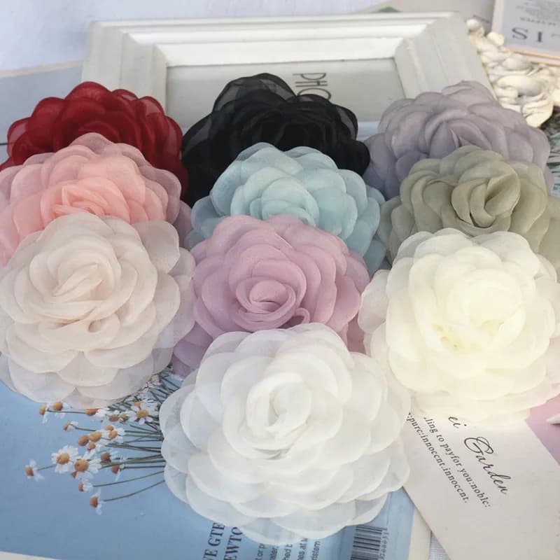 10 PZ 8 CM 3D Organza Chiffon Garza Bordo Bruciato Tessuto Artificiale Fiore di Rosa Abito Da Sposa Collo Decorazione FAI DA TE Cucito Applique