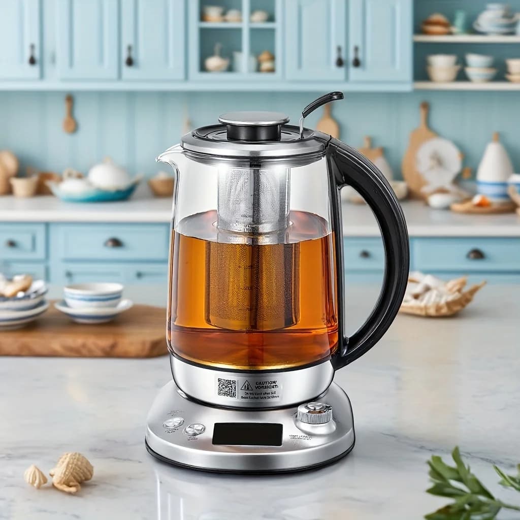 Electric Glass Tea Kettle with 9 Adjustable Temperature Settings • 1200W Fast Heating • 1.7L Borosilicate Glass Body • Removable Stainless Steel Infuser • 2-Hour Keep-Warm Function • Safe, Modern Design for Daily Tea Brewing