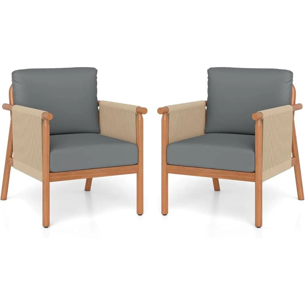 2-Piece Patio Club Chair Set with Woven Rope Armrests and Seat Cushions, Suitable for Indoor and Outdoor Use, Perfect for Living