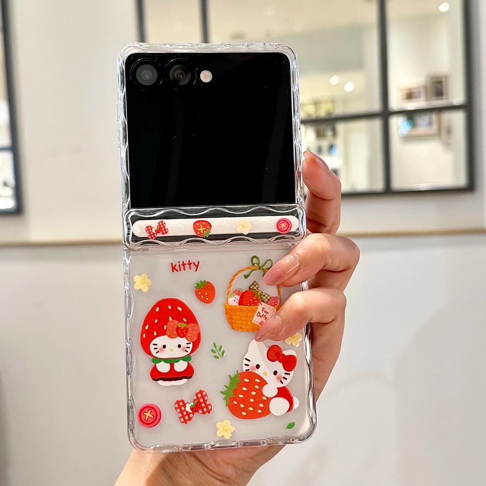 Simpatica custodia per telefono con fiori arcobaleno Sanrio Hello Kitty per Samsung Galaxy Z Flip 7, custodia rigida in TPU con bordo ondulato e cordino.