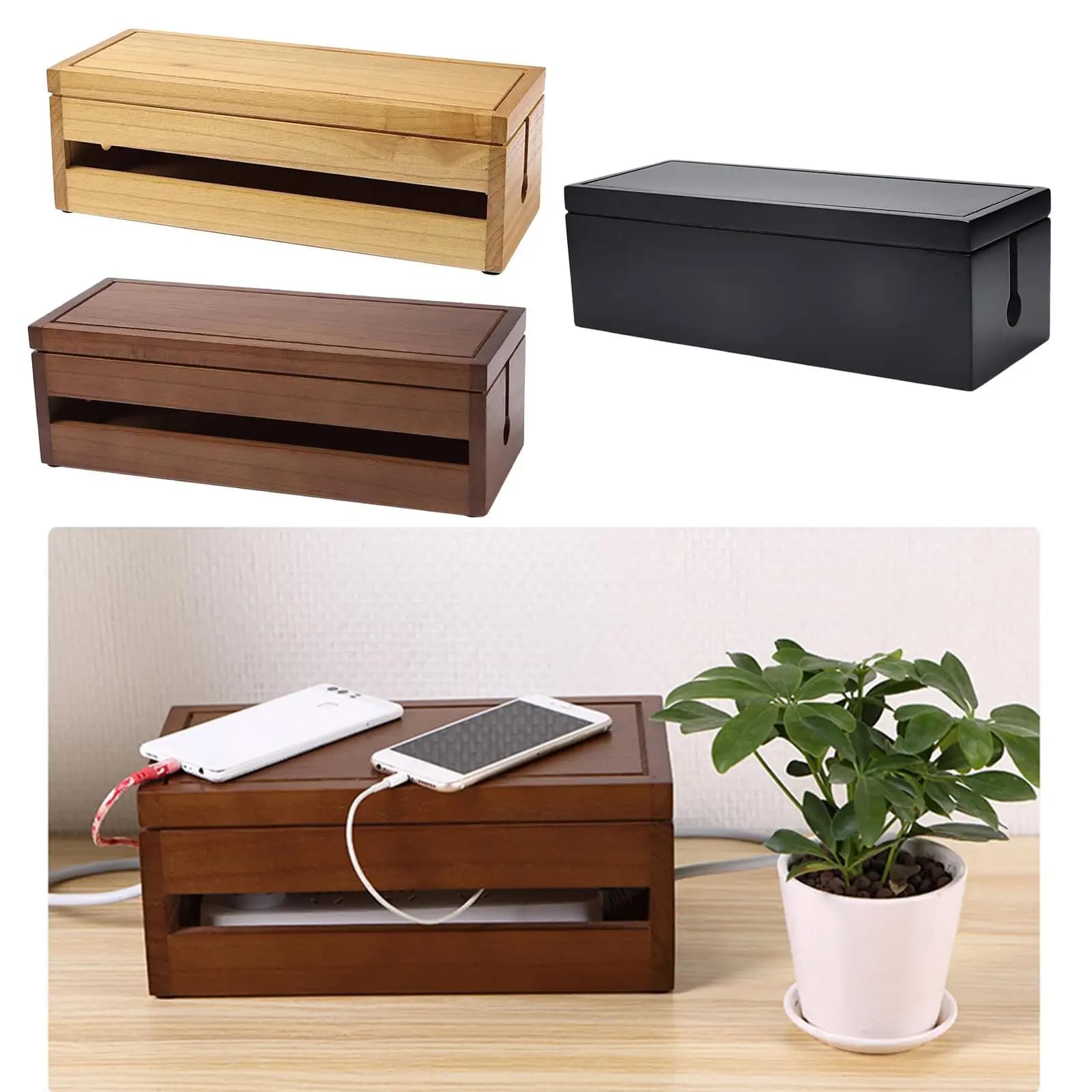 Wooden Cable Tidy Box Wire Organizer Power Strip Protector Storage Case for Modern Home and Office