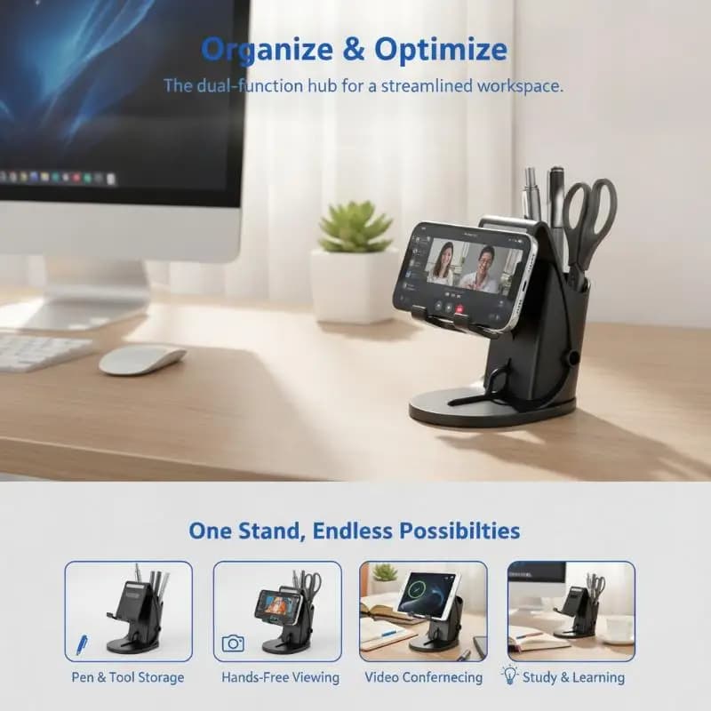 Multifunctional Desktop Phone Stand with Pen Holder Stable Eco-Friendly ABS Base for Home Office Desk Decor
