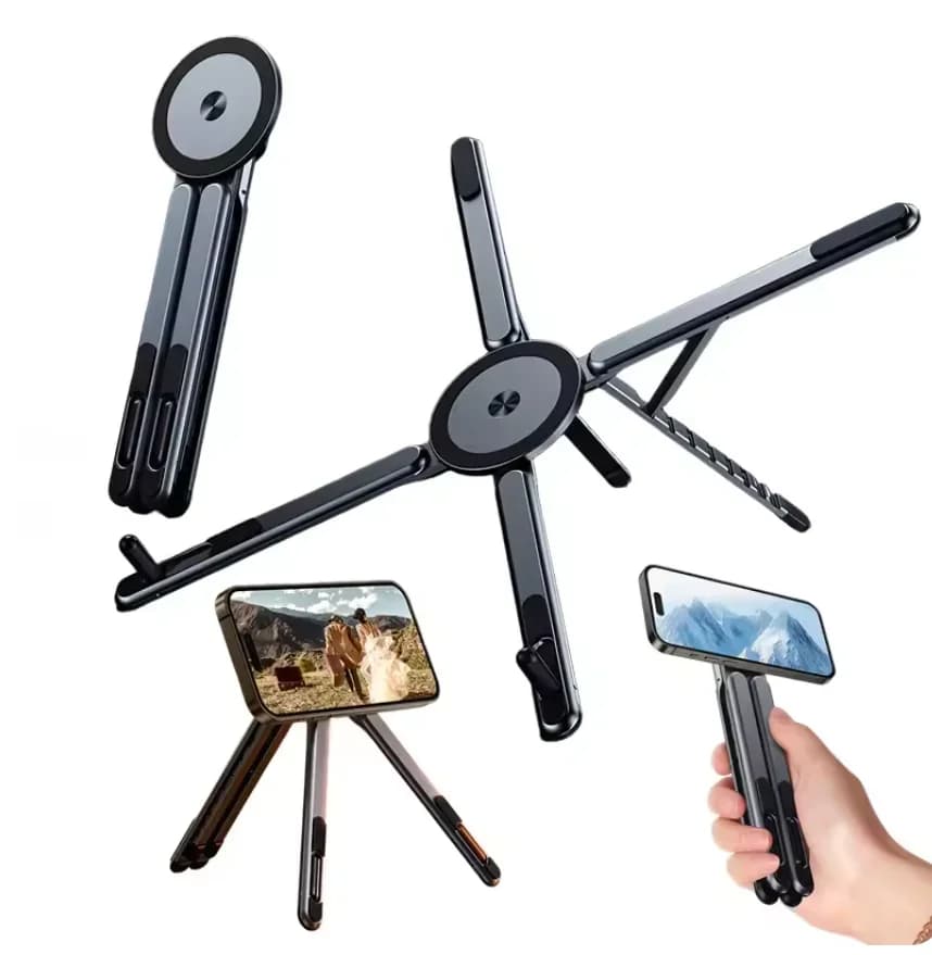 Multifunctional magnetic support for phone, folding tripod, portable desktop support for iPhone, iPad, tablet, laptop