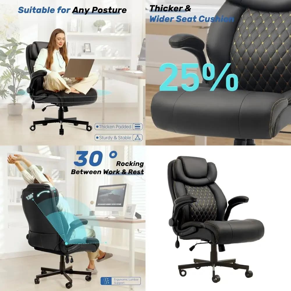 Sedia da Ufficio Ergonomica per Persone di Statura Alta, in Pelle PU Traspirante con Supporto Lombare, Braccioli Regolabili, Cuscino Girevole