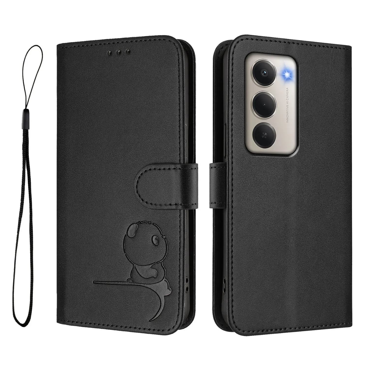 Per Xiaomi Redmi 15 5G (Globale) (169mm) Custodia Panda Imprint RFID Blocco Portafoglio Cover per telefono in pelle con cinturino da polso - Nero