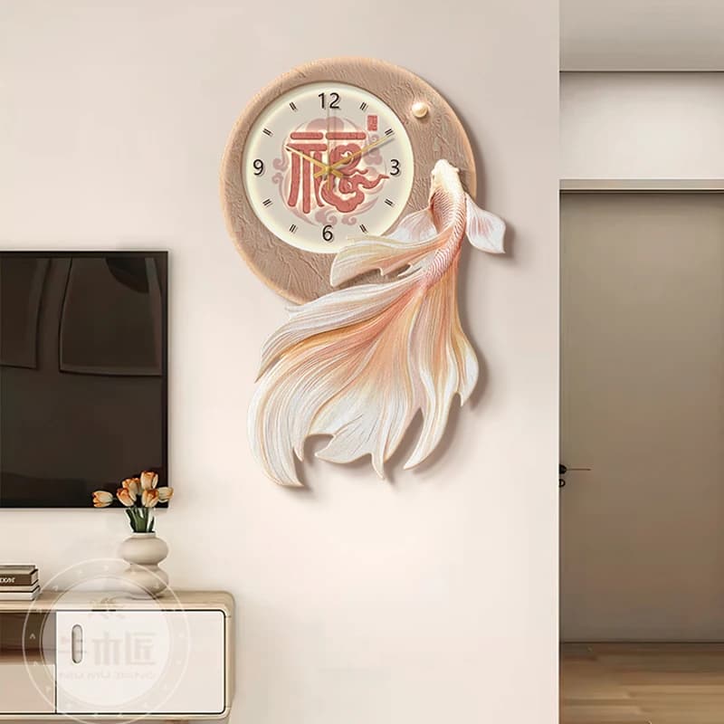 Orologio da Parete al Quarzo Moderno con Motivo Pesce Portafortuna, Silenzioso, Lussuoso, Decorazione per Soggiorno e Sala da Pranzo