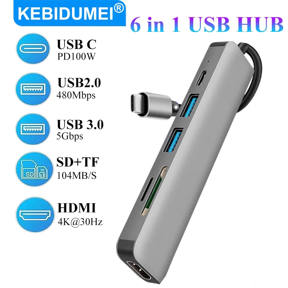 KEBIDUMEI Docking Station 6 IN 1 USB 3.0 HUB da tipo C a adattatore HDMI 100W 4K Splitter SD TF PD USB C HUB per MacBook iPad Samsung