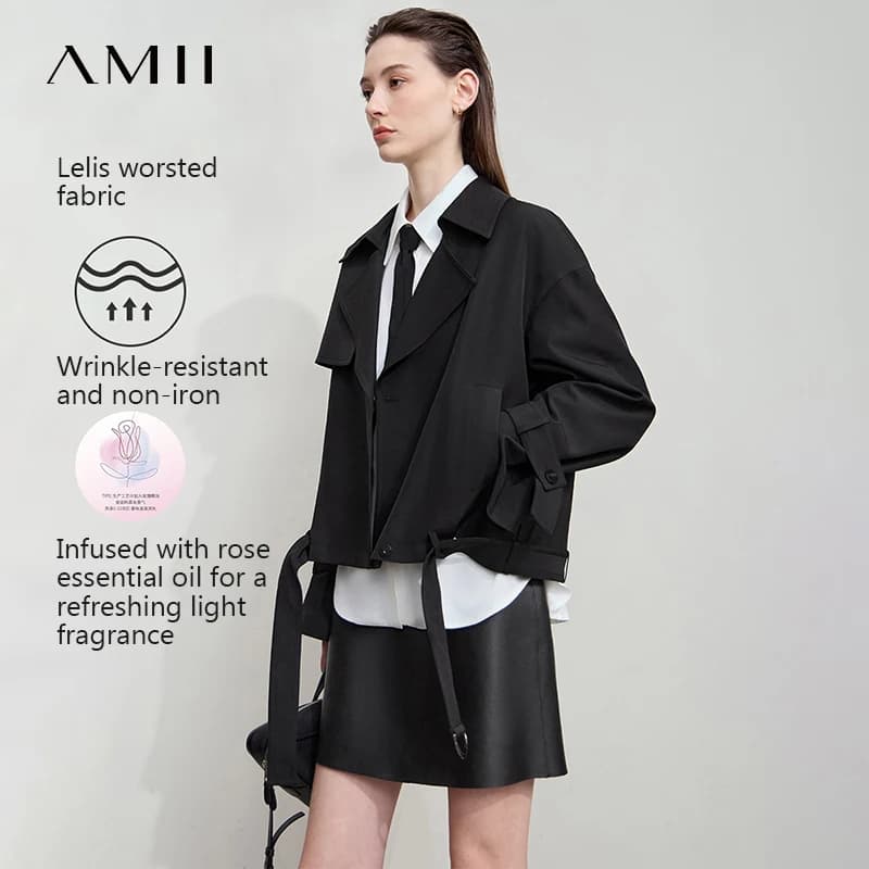 Trench Coat Donna AMII 2025 Autunno Nuovo con Cintura Maniche Lunghe Soprabito Femminile Ampio Antirughe Corto 12543079