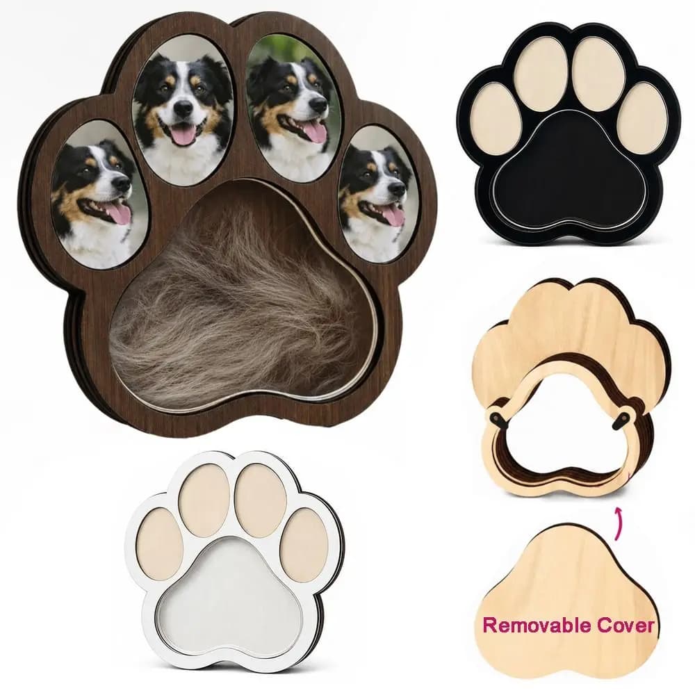 Wooden Pet Fur Keepsake Box With Picture Frame Paw Shaped Pet Hair Storage Box Removable Back Cover Photo Display
