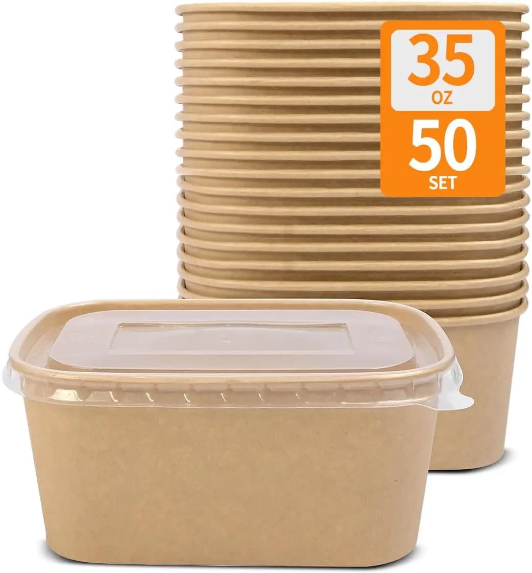 Confezione da 50 Contenitori in Carta da 35 oz con Coperchi, Contenitori per Preparazione Pasti in Carta Utilizzabili in Microonde e Congelatore