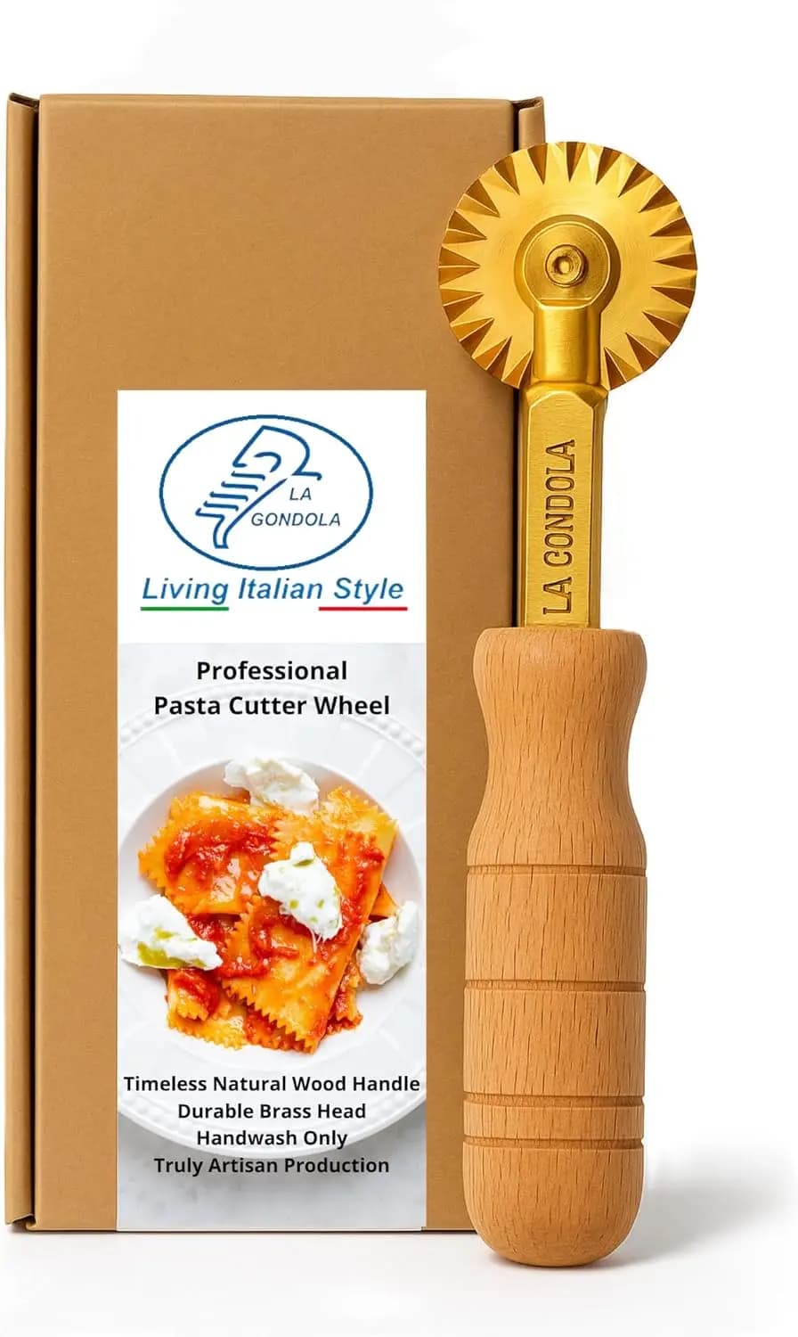 Tagliapasta Italiano - Rotella Ondulata per Pasta Fatta in Casa | Utensile in ottone e legno | Macchina per Ravioli Sicura e Facile da Usare