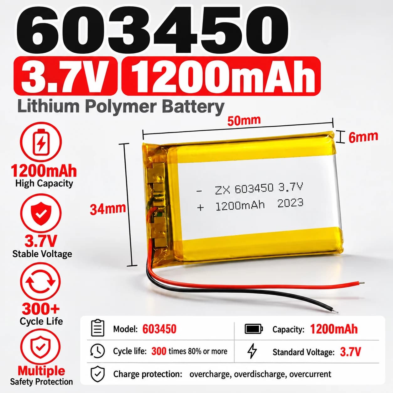 Batteria LiPo 603450 3.7V 1200mAh Ricaricabile, Celle ai Polimeri di Litio per Strumenti di Bellezza, Auricolari Bluetooth, Serrature con Impronta Digitale