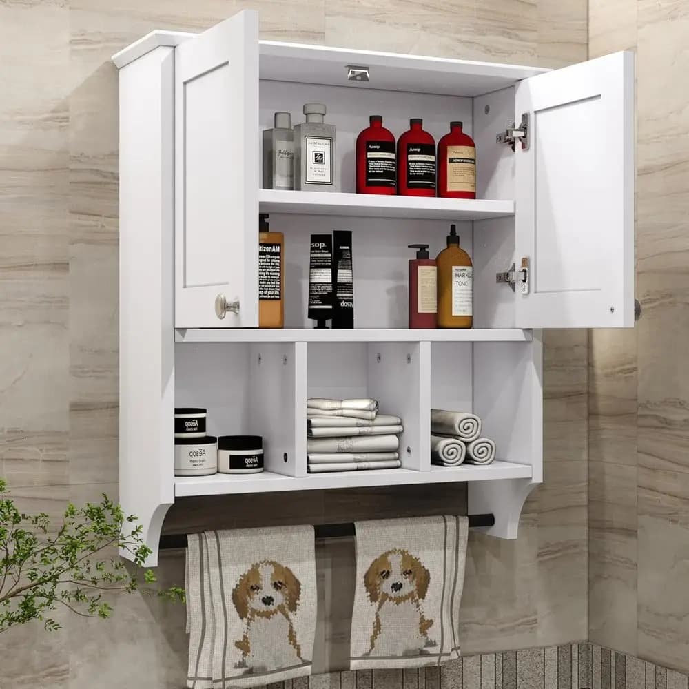 Armadietto per medicinali da bagno, mobiletto da bagno a parete sopra il WC con portasciugamani, 2 ante e 3 ripiani aperti, bianco