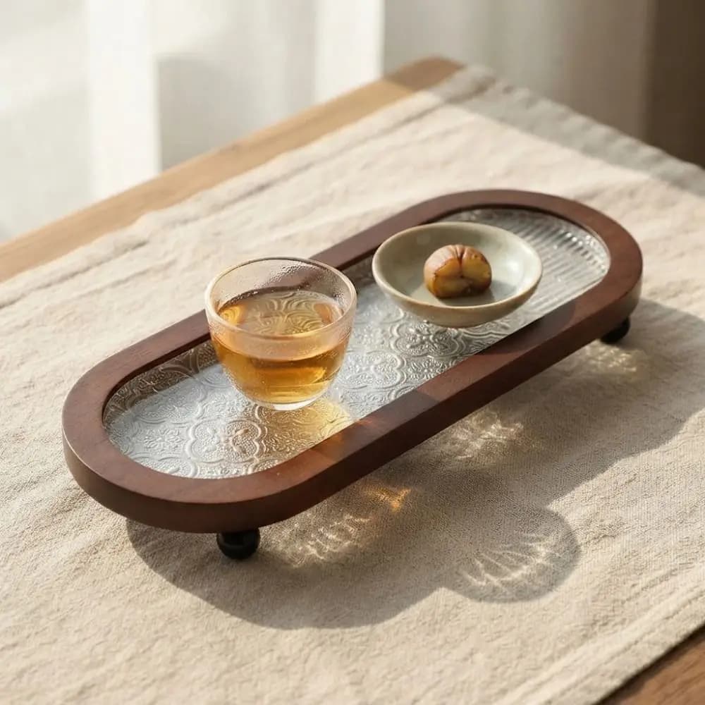 Embossed Pattern Oval Wooden Decorative Tray Round Ball Feet Large Capacity Toothbrush Cup Holder Space Saving