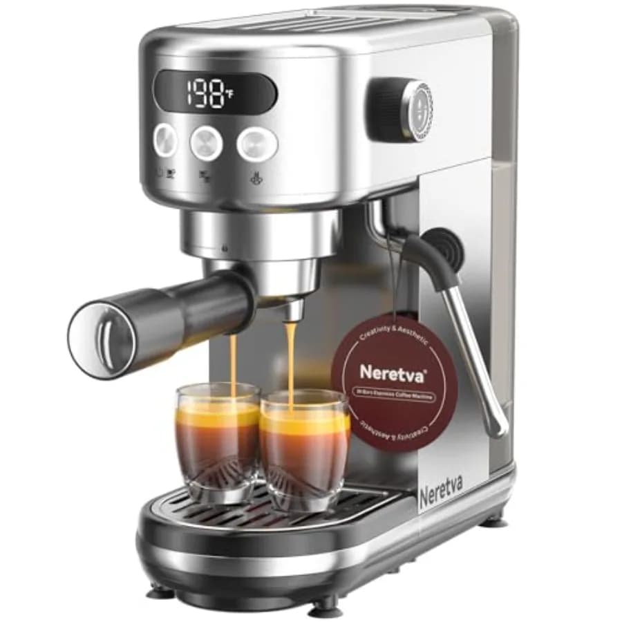 Super Compact Expression Machine 20 Stainless Steel Bar, Domestic Coffee Machine with Potent Steam and LED Display, Silver Color for Milk
