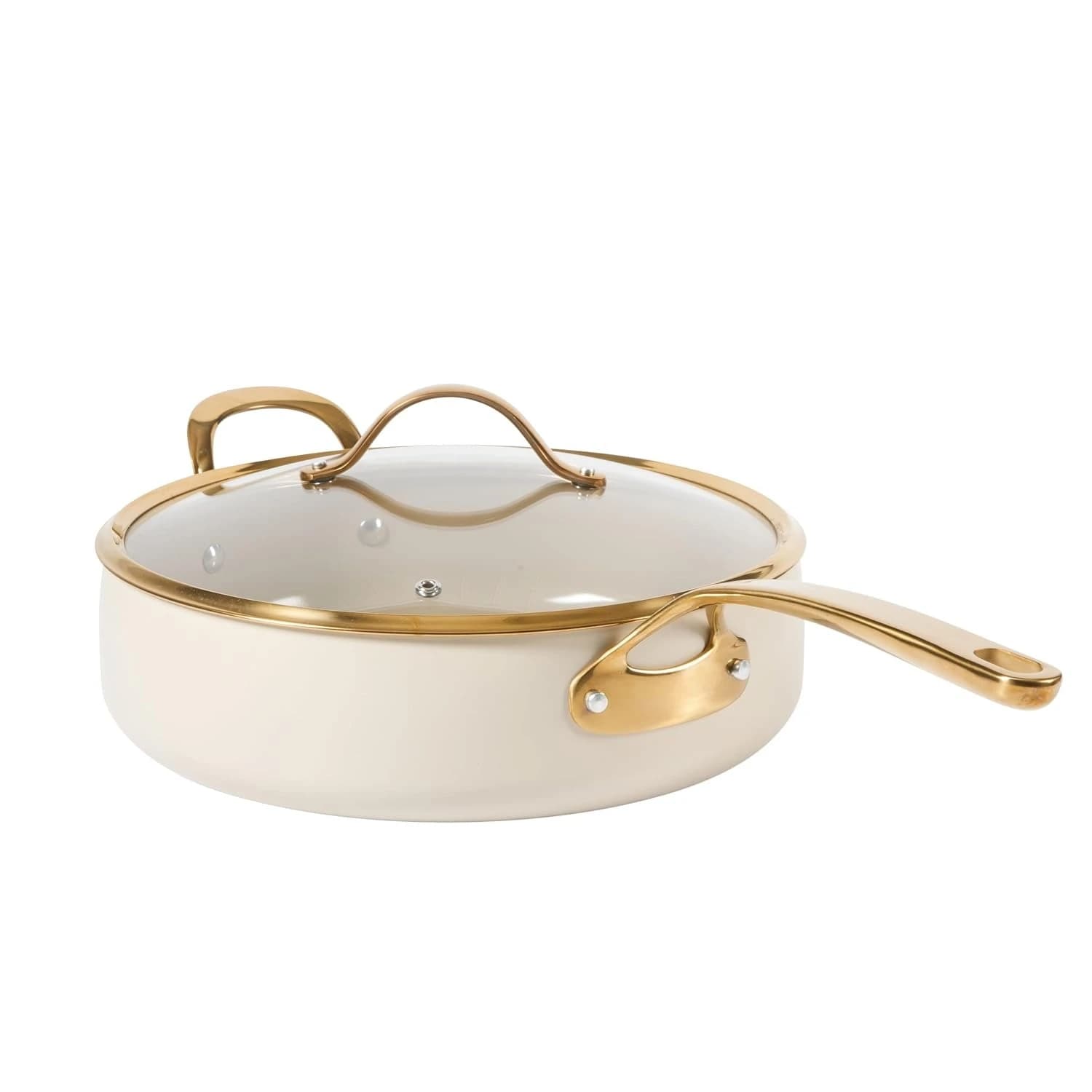 Non Stick Frying Pan - 6 QT Aluminum Premium PFA Free Ceramic Nonstick Saute/Deep Frying Pan Skillet with Lid - Almond Cream w/Gold Handle