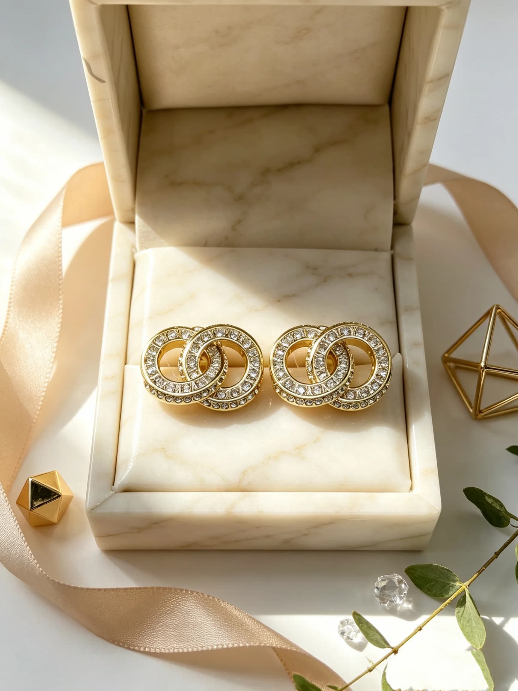 Gold Plated Stud Earrings Full Paved Clear Rhinestone Twin Interlocking Oval Design Elegant Women Daily Party Ear Jewelry