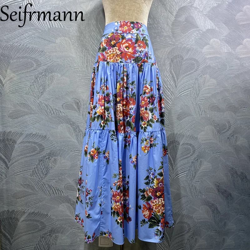 Seifrmann 2026 Spring Women's New clothing Fashionable and Casual Cotton Printed Waist cinching Long Half Skirt
