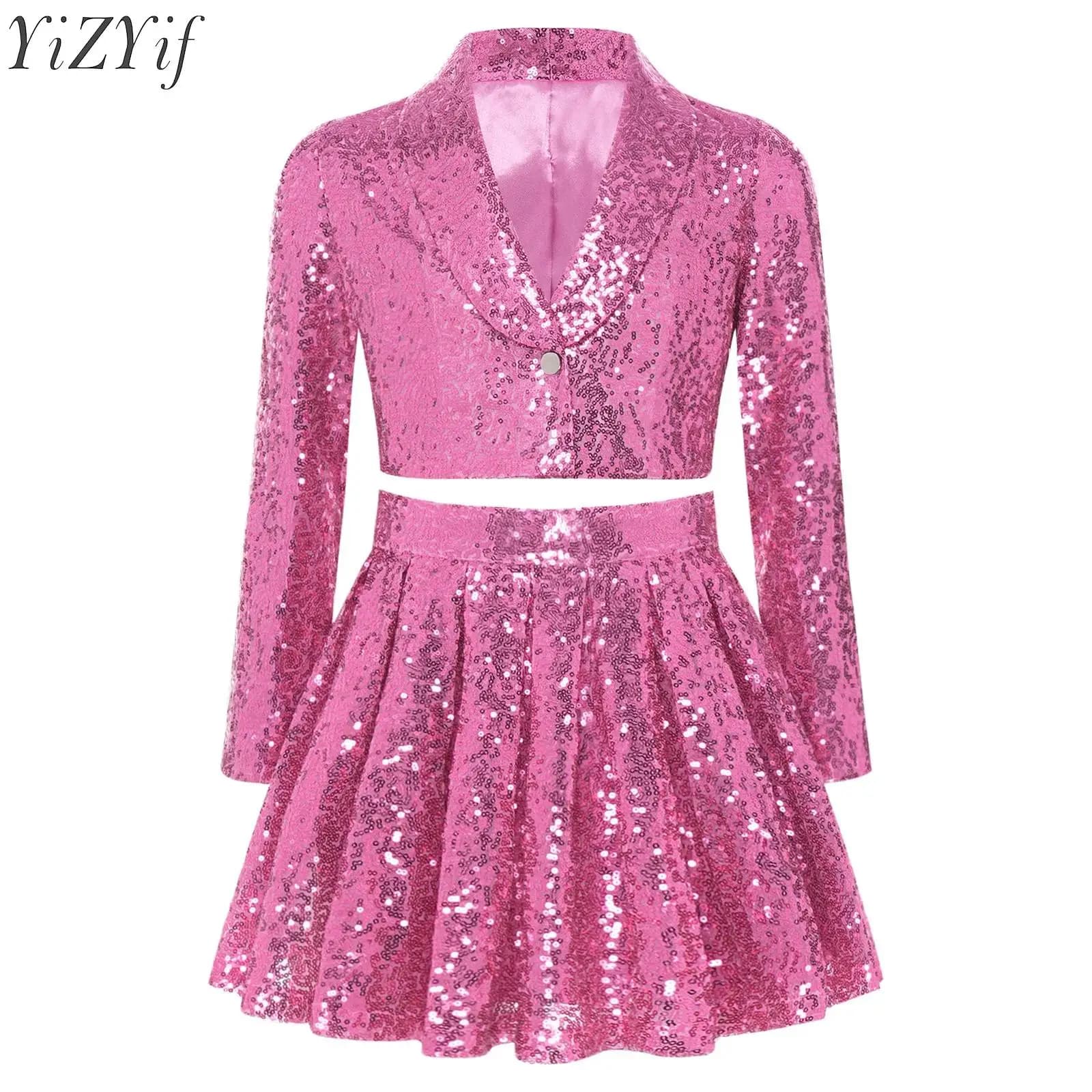 Completo per Bambine con Paillettes Scintillanti per Danza Latina e Jazz, Giacca Corta a Maniche Lunghe e Gonna Plissettata per Pattinaggio Artistico e Gala sul Ghiaccio