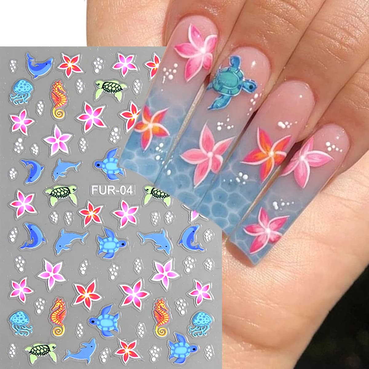 Adesivi per unghie in stile nautico, motivi floreali con tartarughe e delfini, impermeabili e di lunga durata, decorazioni per unghie, adatti per nail art