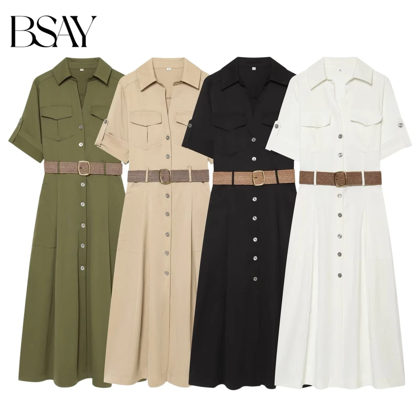 BSAY 2026 Fashion Solid Color Women Short Sleeve Lapel Shirt Dress Front Flap Pockets Belted Waist Elegant Commuter Midi Dress