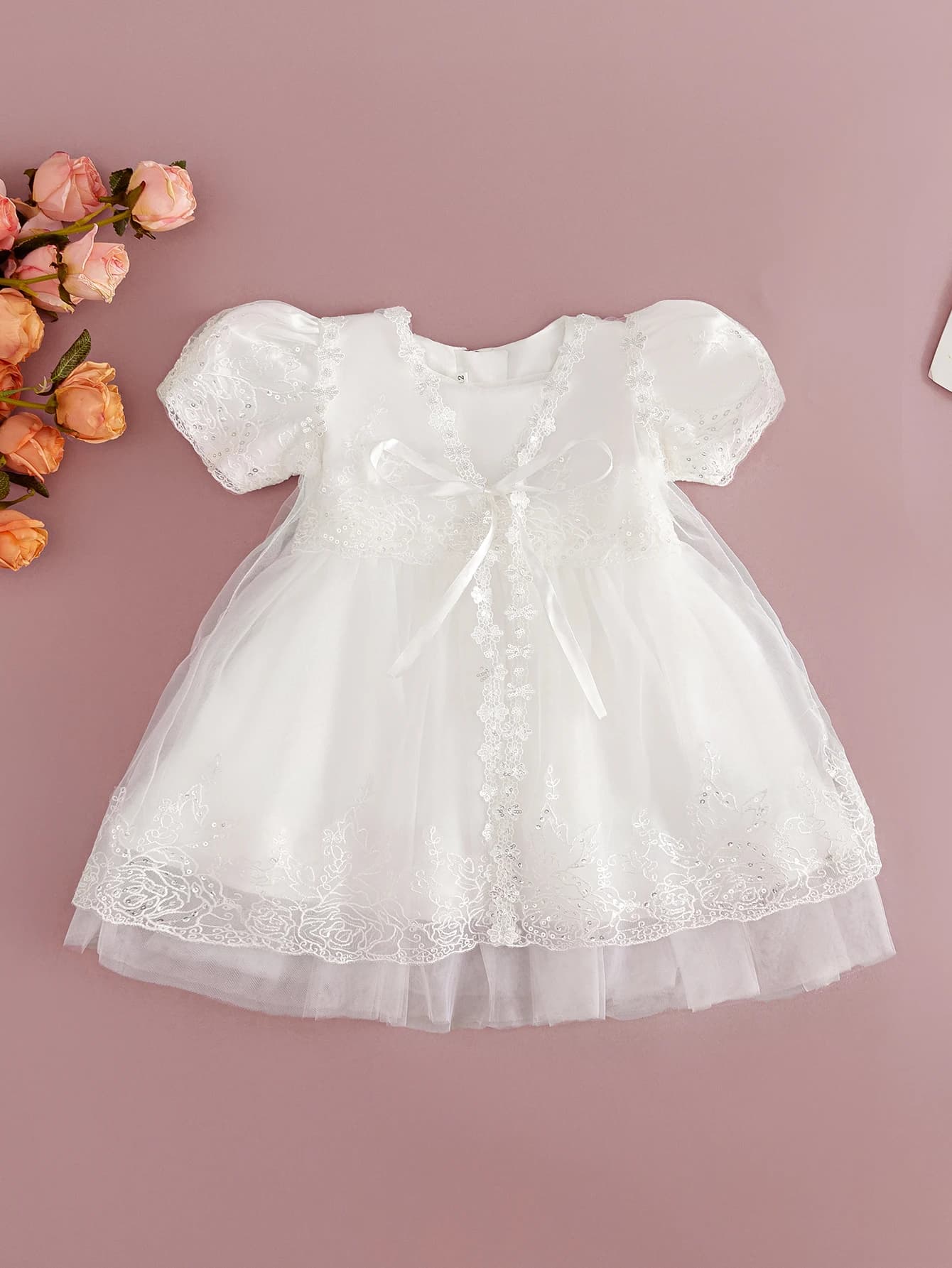 Set da 2 pezzi per battesimo infantile a maniche corte, set di abiti da principessa per bambina in pizzo ricamato floreale in raso