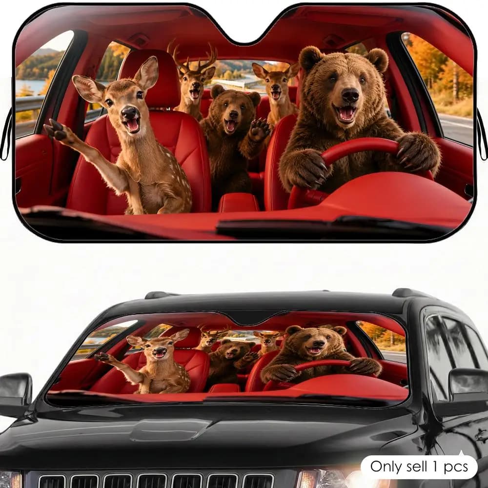 Parasole per Auto con Disegno di Orso e Cervo, Protezione UV Riflettente Pieghevole e Isolante dal Calore