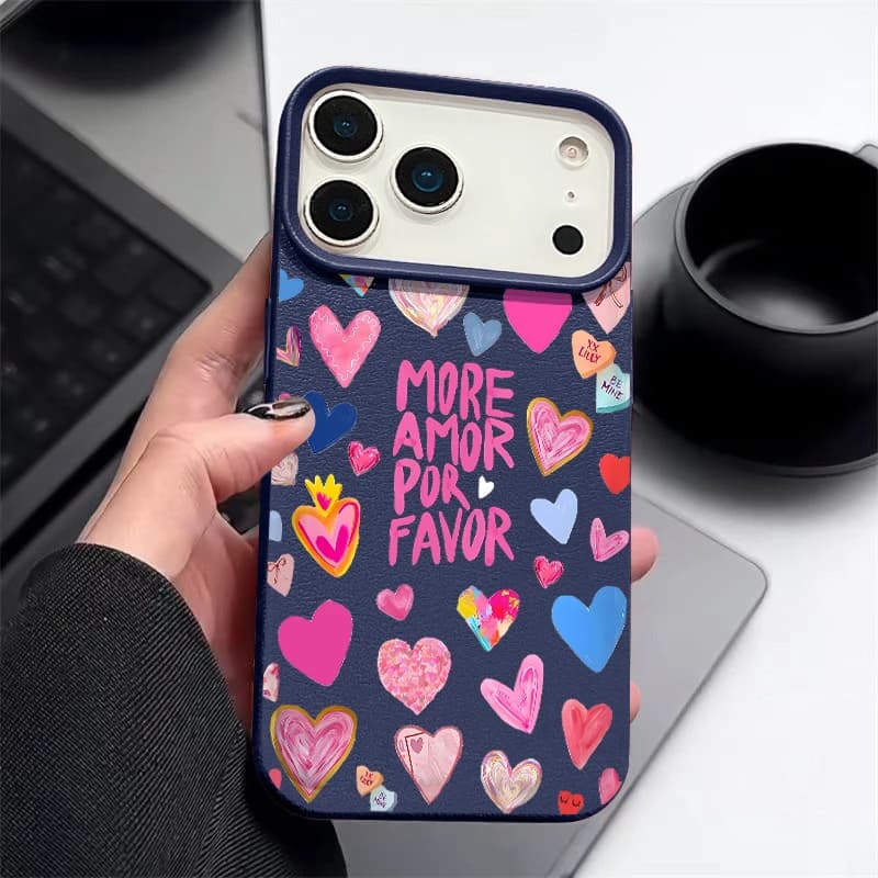 Custodia Morbida Antiurto in Silicone con Texture in Pelle e Stampa Cuore per iPhone 17e 17 16 15 14 Pro Max 13 12 Pro Max 11 17 16e