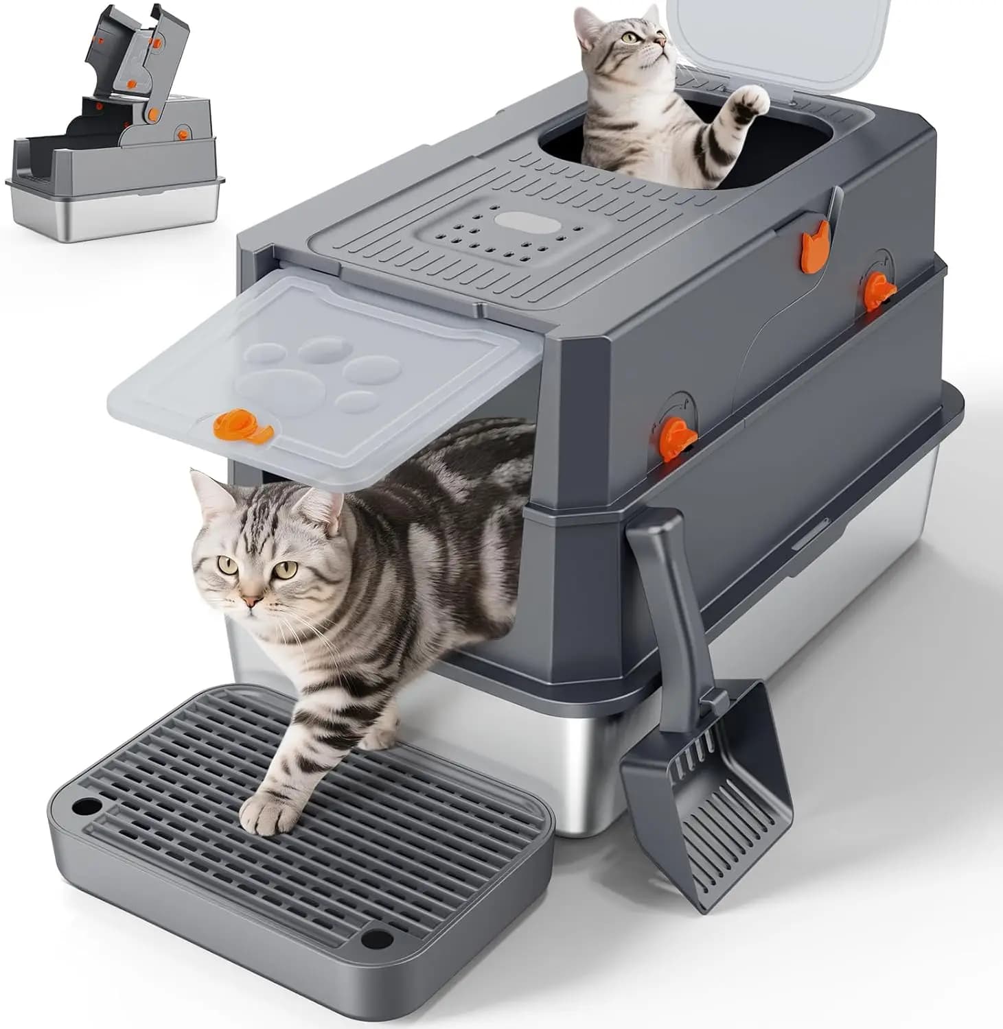 Large Stainless Steel Litter Box with Lid, Enclosed Cat Litter Pan, Front & Top Entry, Odor Free, Anti-Leak, Grey