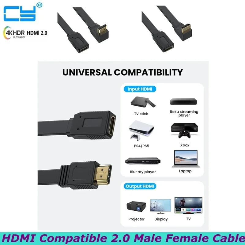 50cm Flat HDMI - compatible With 2.0 male and female Extension Cables, 4K 60HZ All Copper 19+1 High-Definition Connection Cable