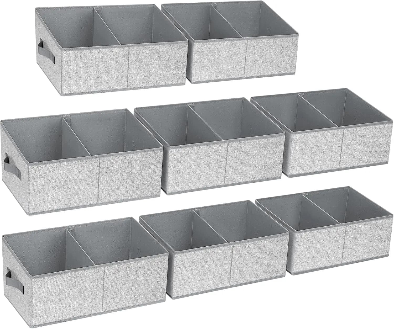 Grandi cestini portaoggetti pieghevoli trapezoidali con maniglie e divisori, confezione da 8 per scaffali, organizer per armadio in grigio