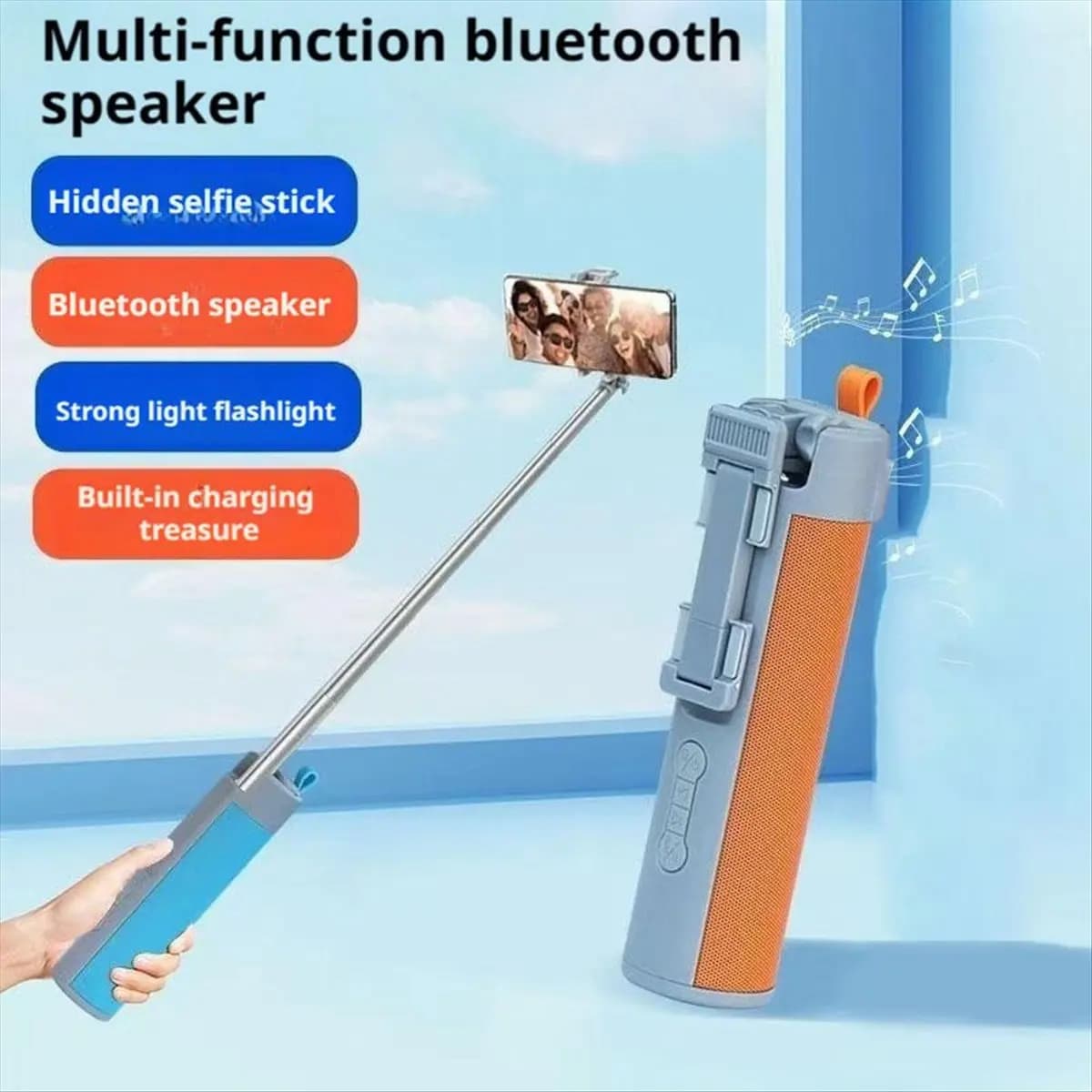 (BOFF) Dispositivo Audio Combinato con Asta Selfie e Batteria di Ricarica, Altoparlante Portatile e Power Bank con Luce per Selfie, Arancione
