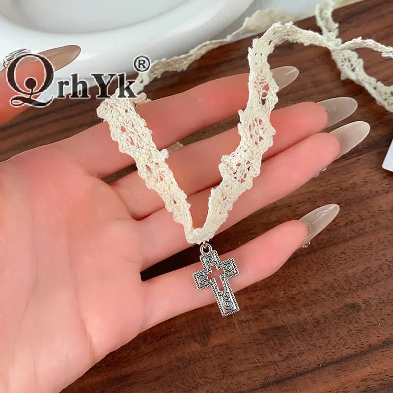 Sweet Cool Hollow Cross Pendant Lace Strap Choker Necklace For Women Girls Clavicle Chain Jewelry Party Gift